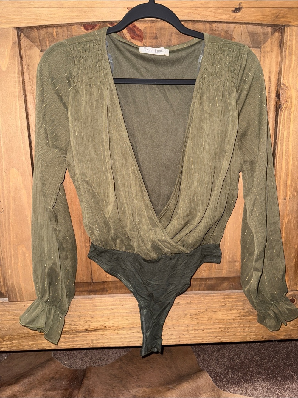 Peach Love California Olive Green Long Sleeve Wrap Bodysuit